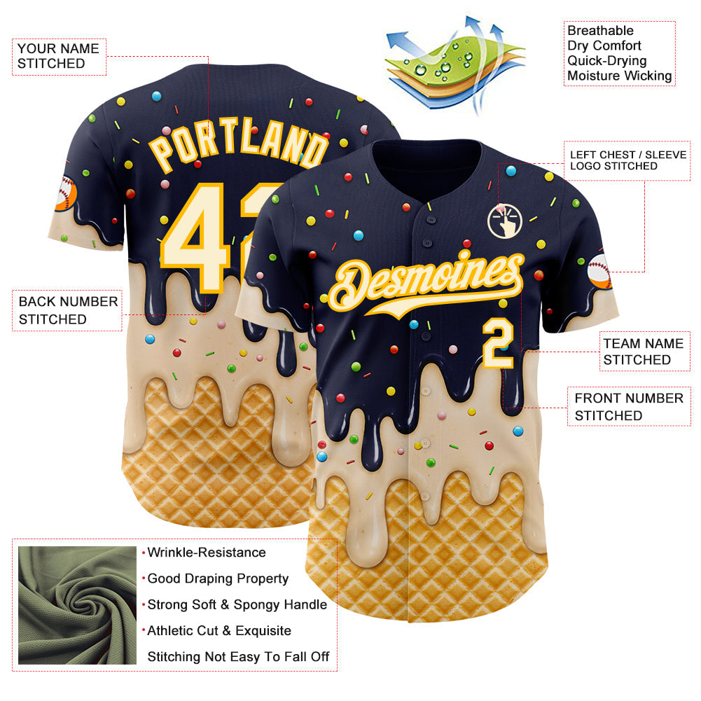 Custom Navy Cream-Gold Ice Cream Waffle Foodie Dessert Authentic Baseball Jersey