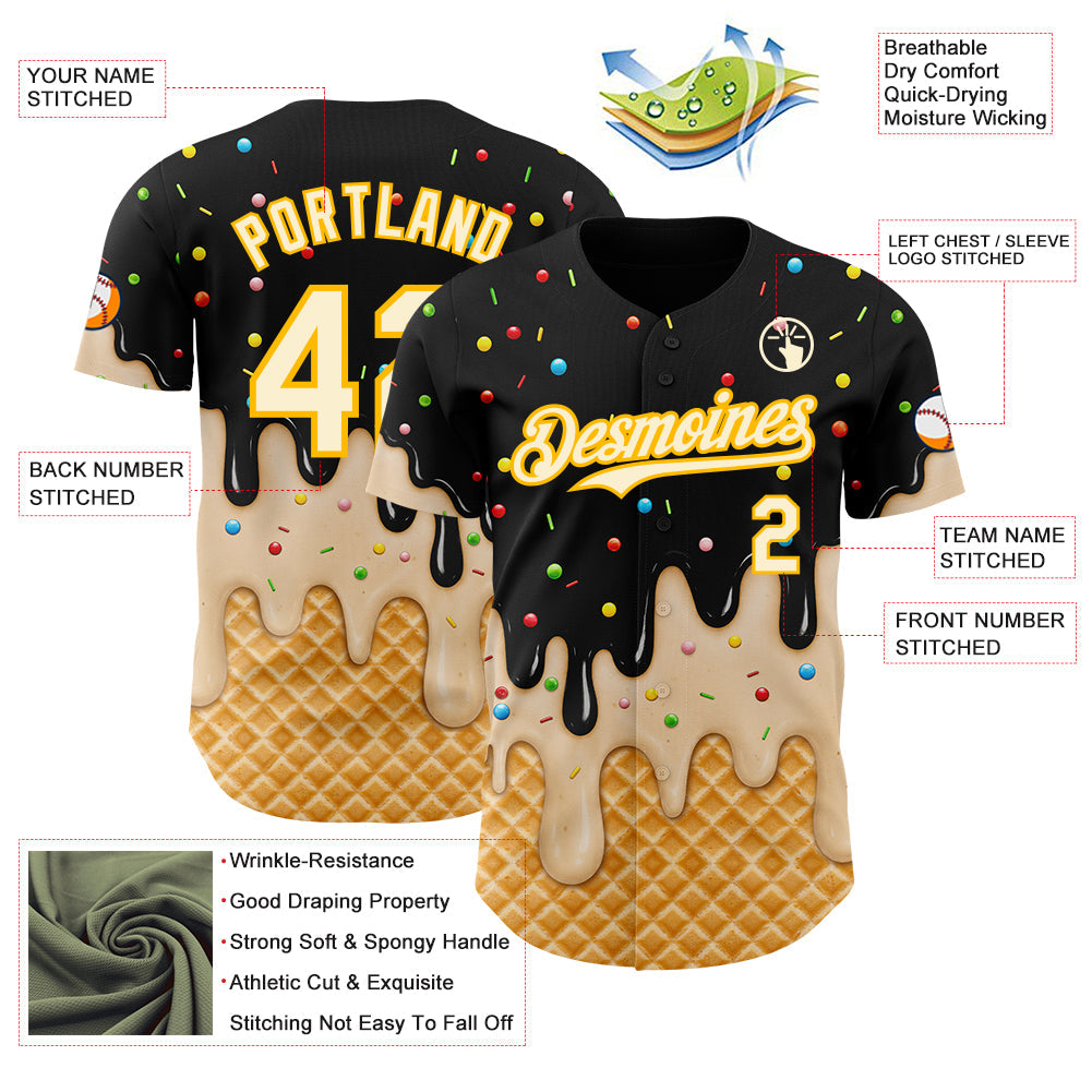 Custom Black Cream-Gold Ice Cream Waffle Foodie Dessert Authentic Baseball Jersey