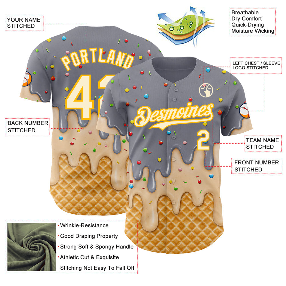 Custom Gray Cream-Gold Ice Cream Waffle Foodie Dessert Authentic Baseball Jersey
