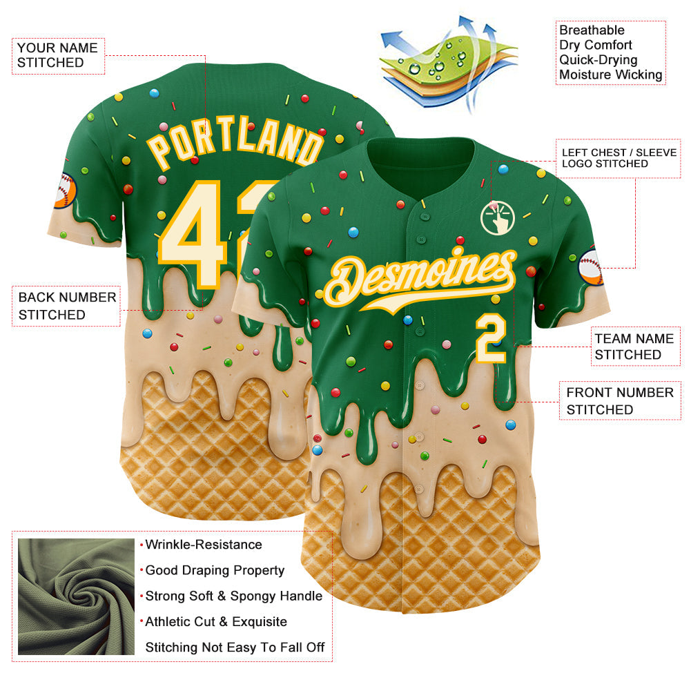 Custom Kelly Green Cream-Gold Ice Cream Waffle Foodie Dessert Authentic Baseball Jersey