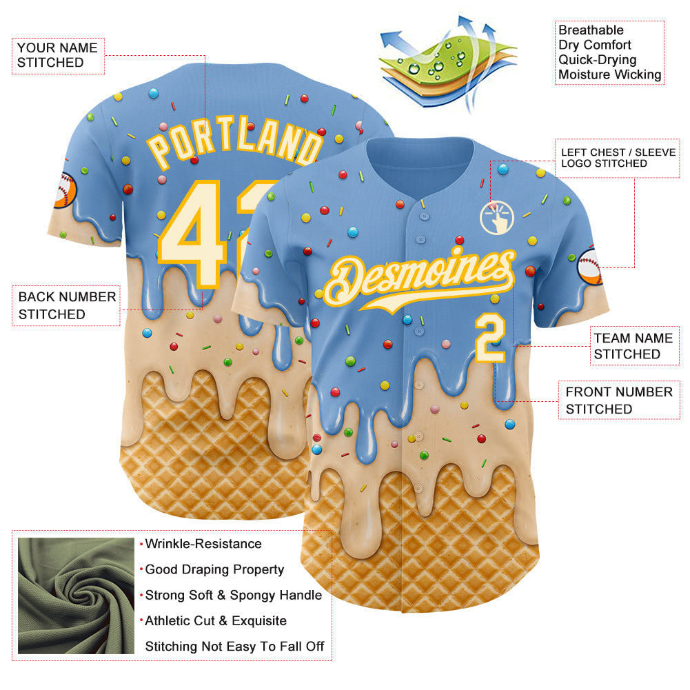 Custom Light Blue Cream-Gold Ice Cream Waffle Foodie Dessert Authentic Baseball Jersey
