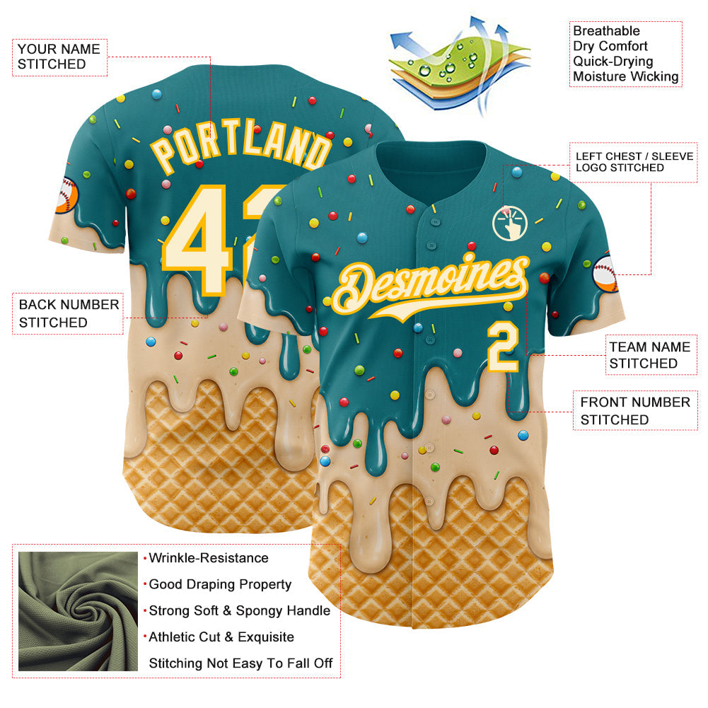 Custom Teal Cream-Gold Ice Cream Waffle Foodie Dessert Authentic Baseball Jersey