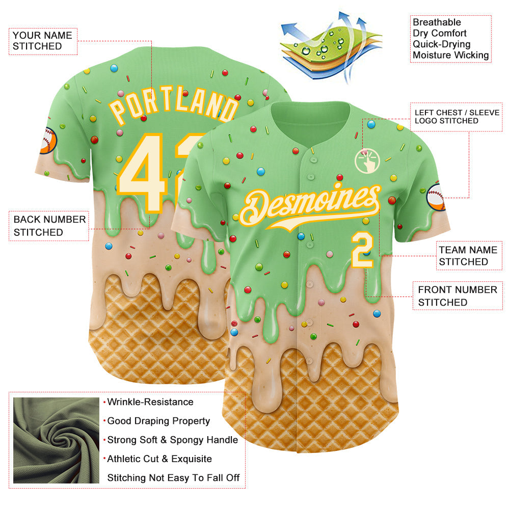 Custom Pea Green Cream-Gold Ice Cream Waffle Foodie Dessert Authentic Baseball Jersey