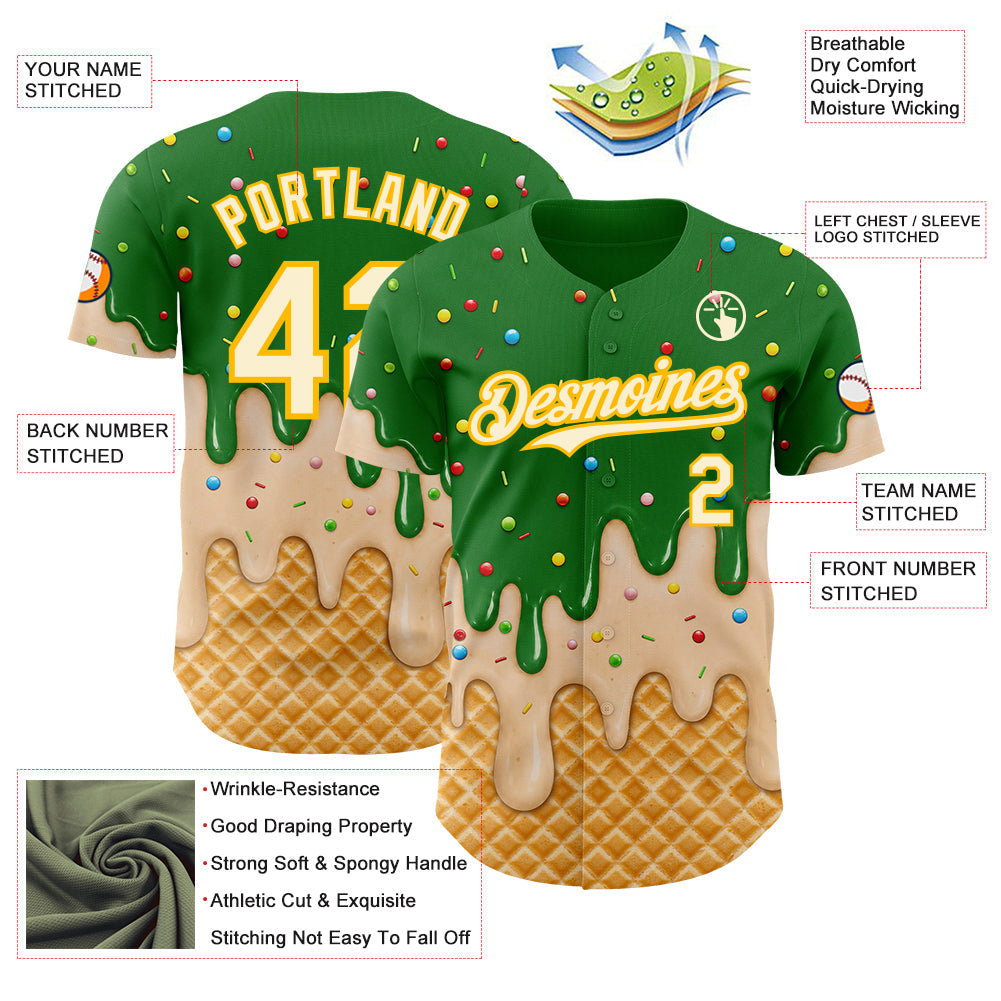 Custom Grass Green Cream-Gold Ice Cream Waffle Foodie Dessert Authentic Baseball Jersey