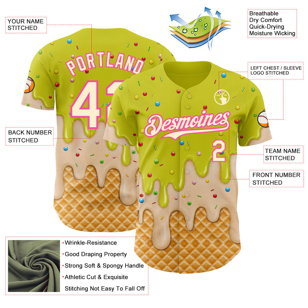 Custom Neon Yellow Cream-Pink Ice Cream Waffle Foodie Dessert Authentic Baseball Jersey