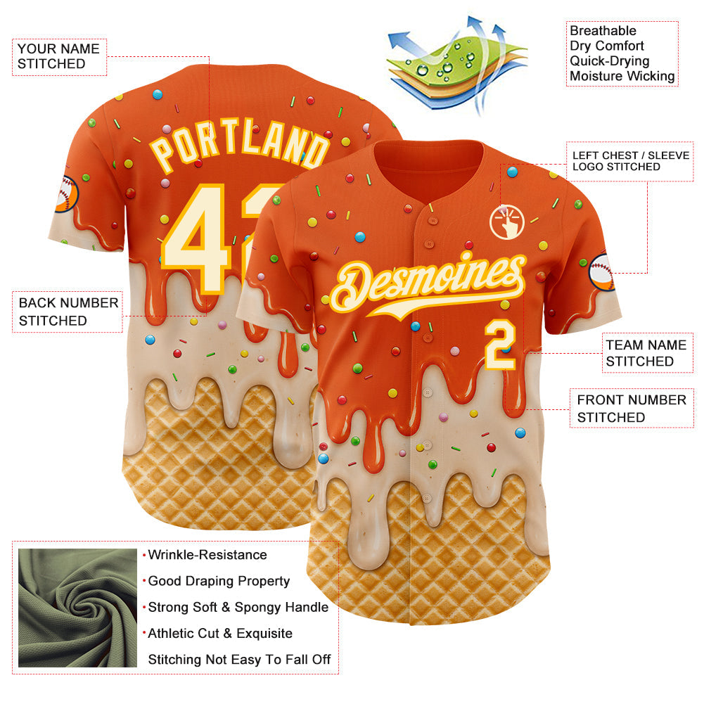 Custom Orange Cream-Gold Ice Cream Waffle Foodie Dessert Authentic Baseball Jersey