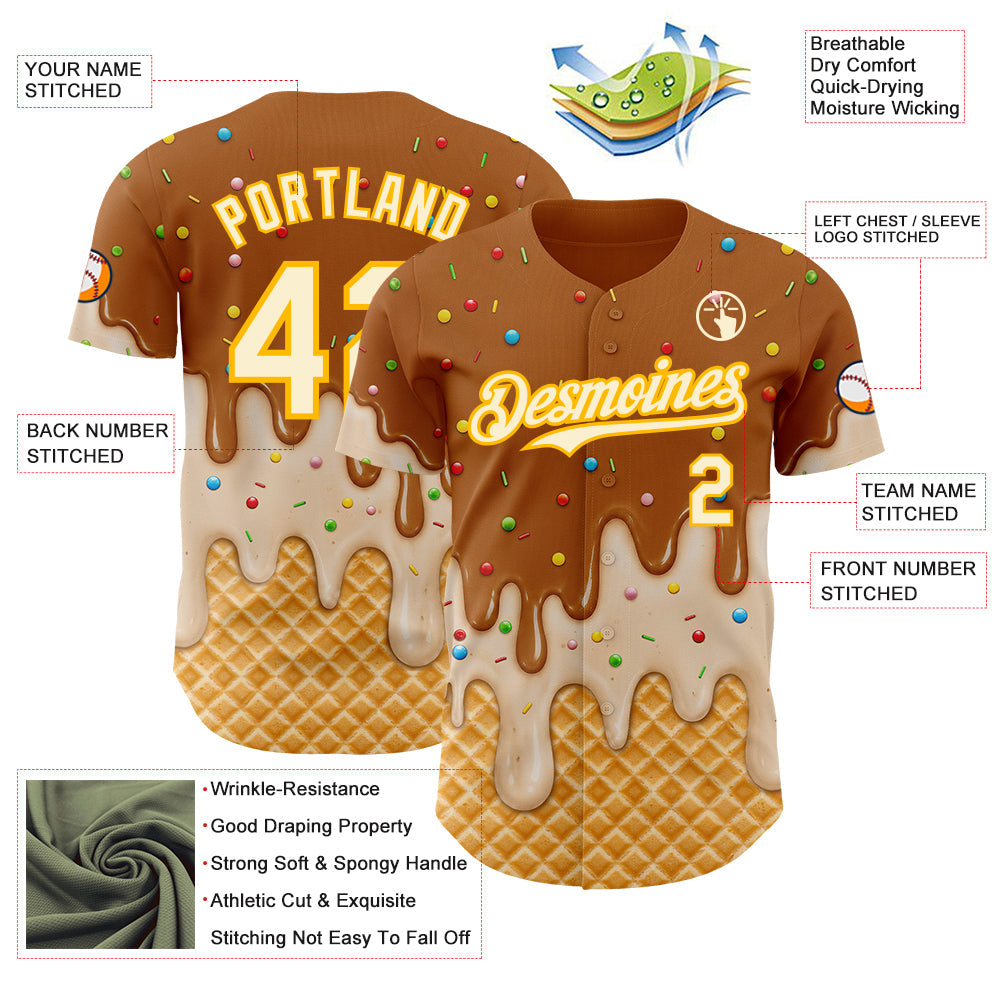 Custom Chocolate Brown Cream-Gold Ice Cream Waffle Foodie Dessert Authentic Baseball Jersey