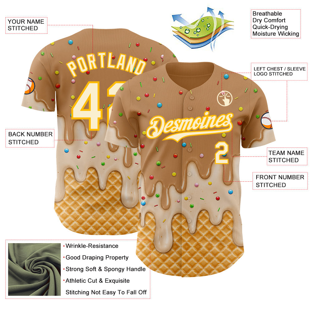 Custom Tan Cream-Gold Ice Cream Waffle Foodie Dessert Authentic Baseball Jersey
