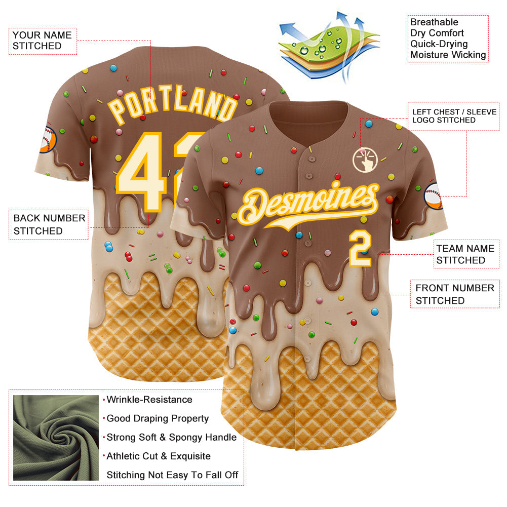 Custom Caramel Brown Cream-Gold Ice Cream Waffle Foodie Dessert Authentic Baseball Jersey