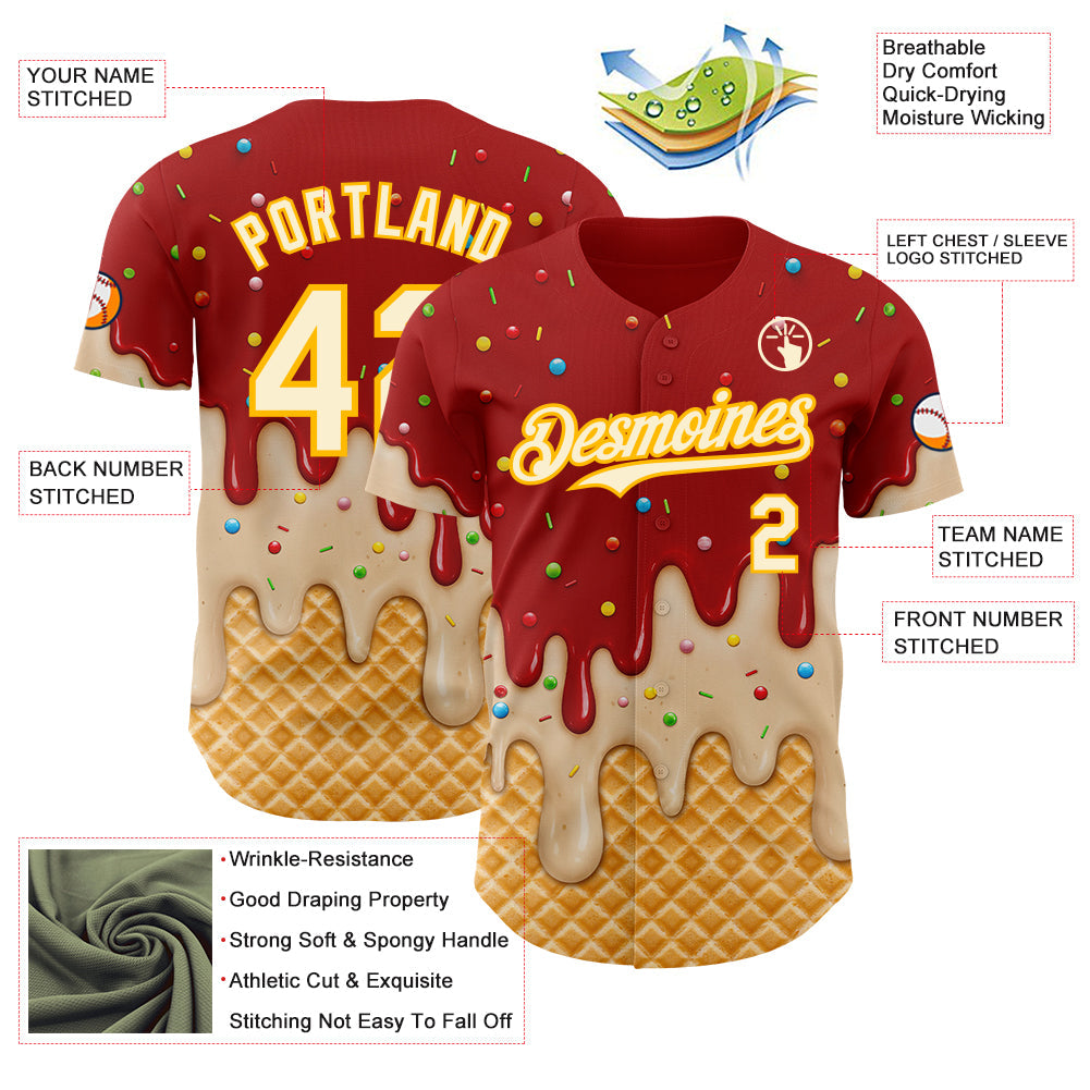 Custom Red Cream-Gold Ice Cream Waffle Foodie Dessert Authentic Baseball Jersey