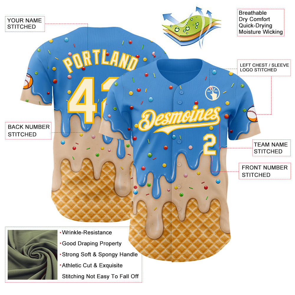 Custom Electric Blue Cream-Gold Ice Cream Waffle Foodie Dessert Authentic Baseball Jersey