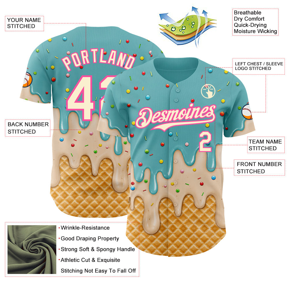 Custom Mint Aqua Cream-Pink Ice Cream Waffle Foodie Dessert Authentic Baseball Jersey