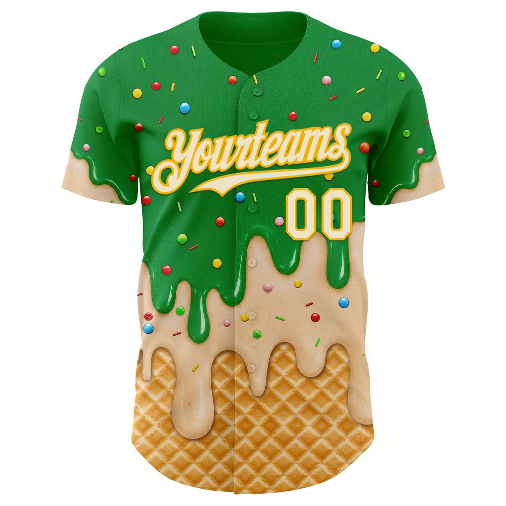 Custom Light Kelly Green Cream-Gold Ice Cream Waffle Foodie Dessert Authentic Baseball Jersey