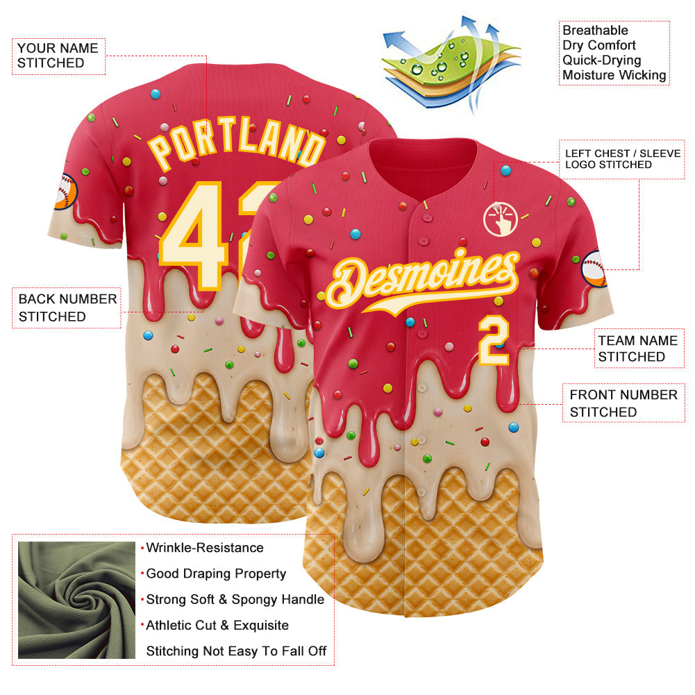 Custom Coral Red Cream-Gold Ice Cream Waffle Foodie Dessert Authentic Baseball Jersey