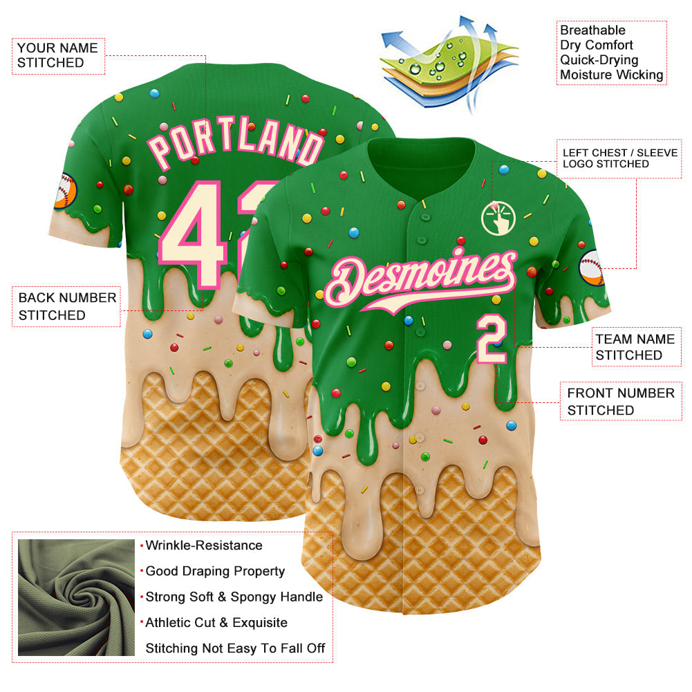 Custom Light Kelly Green Cream-Pink Ice Cream Waffle Foodie Dessert Authentic Baseball Jersey