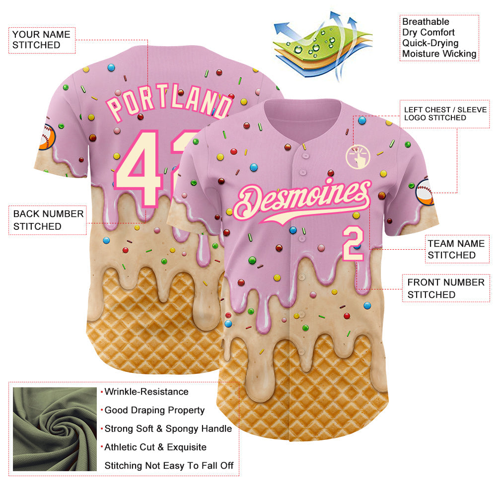 Custom Light Pink Cream-Pink Ice Cream Waffle Foodie Dessert Authentic Baseball Jersey
