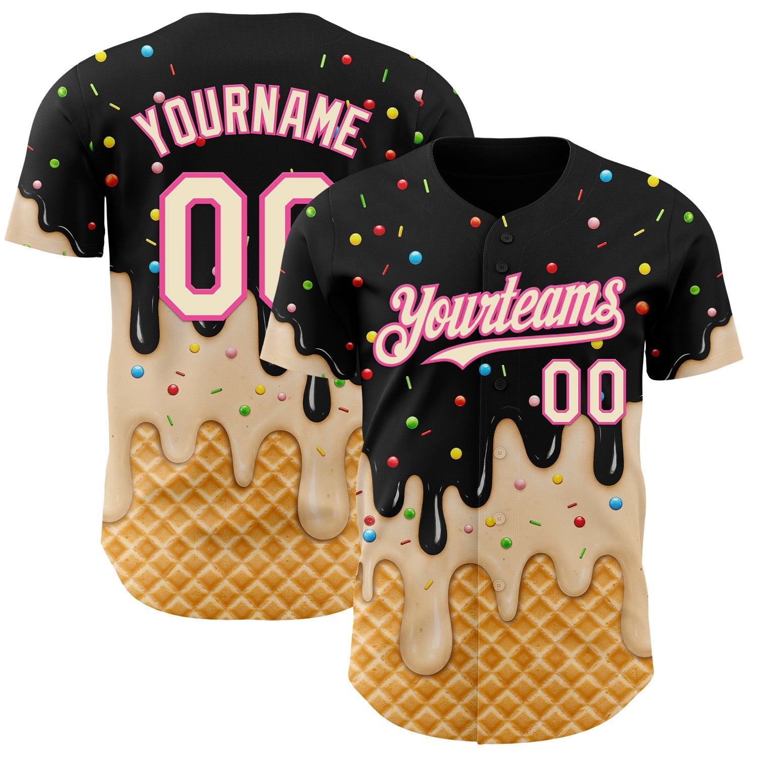 Custom Black Cream-Pink Ice Cream Waffle Foodie Dessert Authentic Baseball Jersey