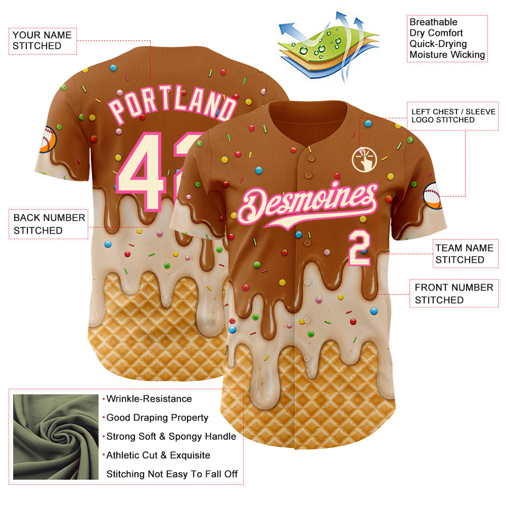 Custom Chocolate Brown Cream-Pink Ice Cream Waffle Foodie Dessert Authentic Baseball Jersey