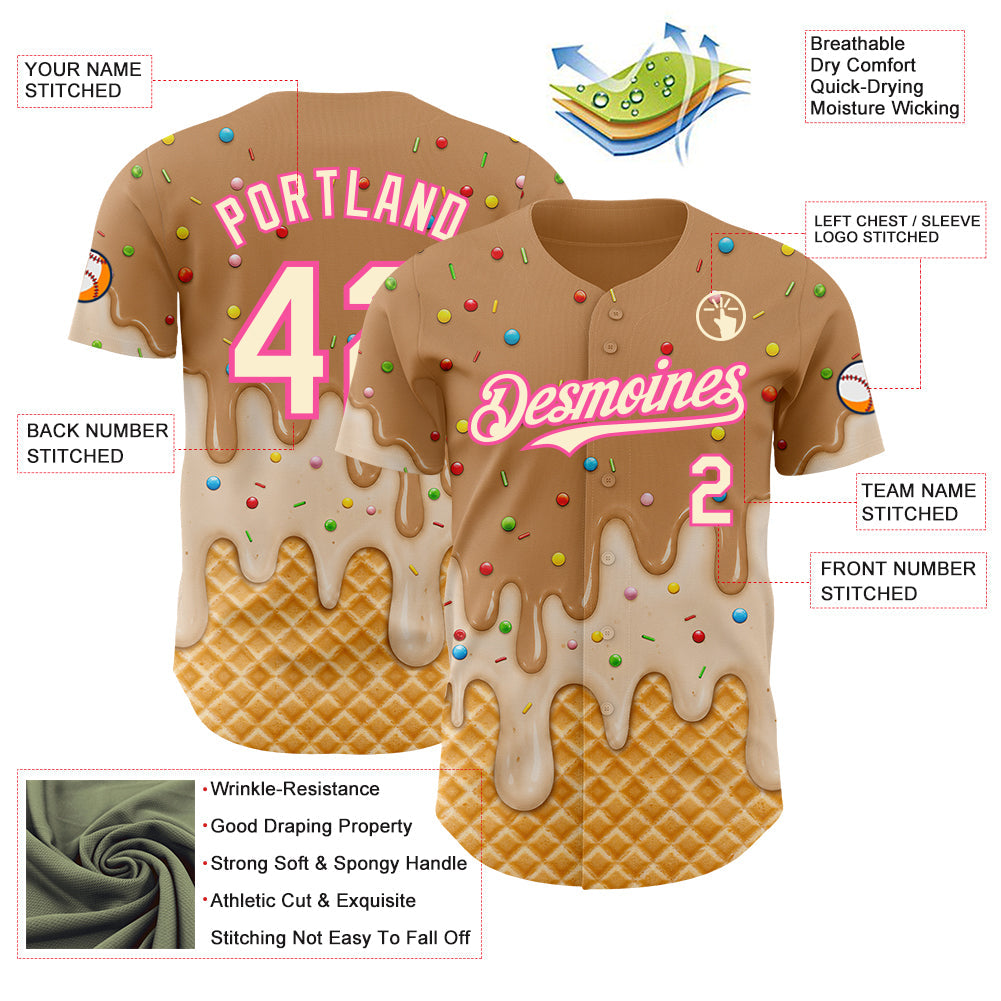 Custom Tan Cream-Pink Ice Cream Waffle Foodie Dessert Authentic Baseball Jersey