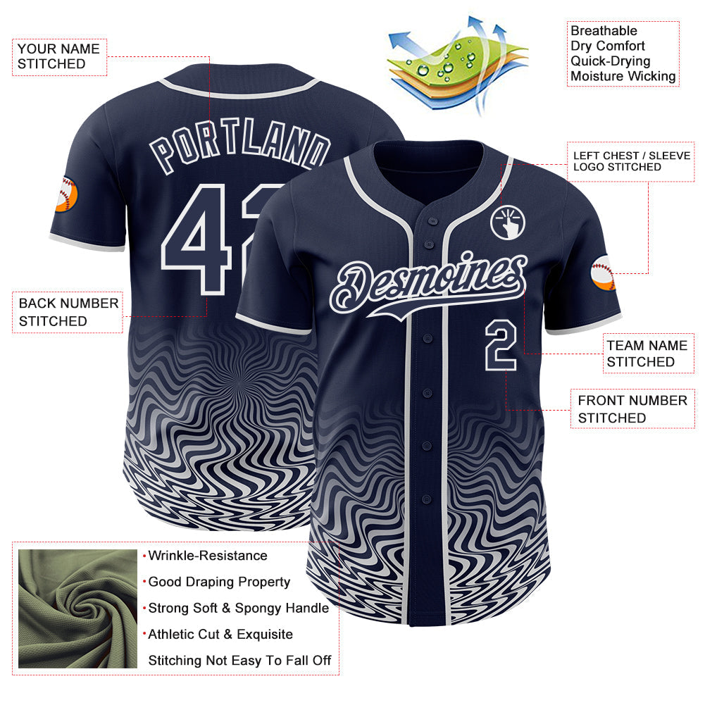Custom Navy-White Fluid Wave Psychedelic Swirl Authentic Baseball Jersey
