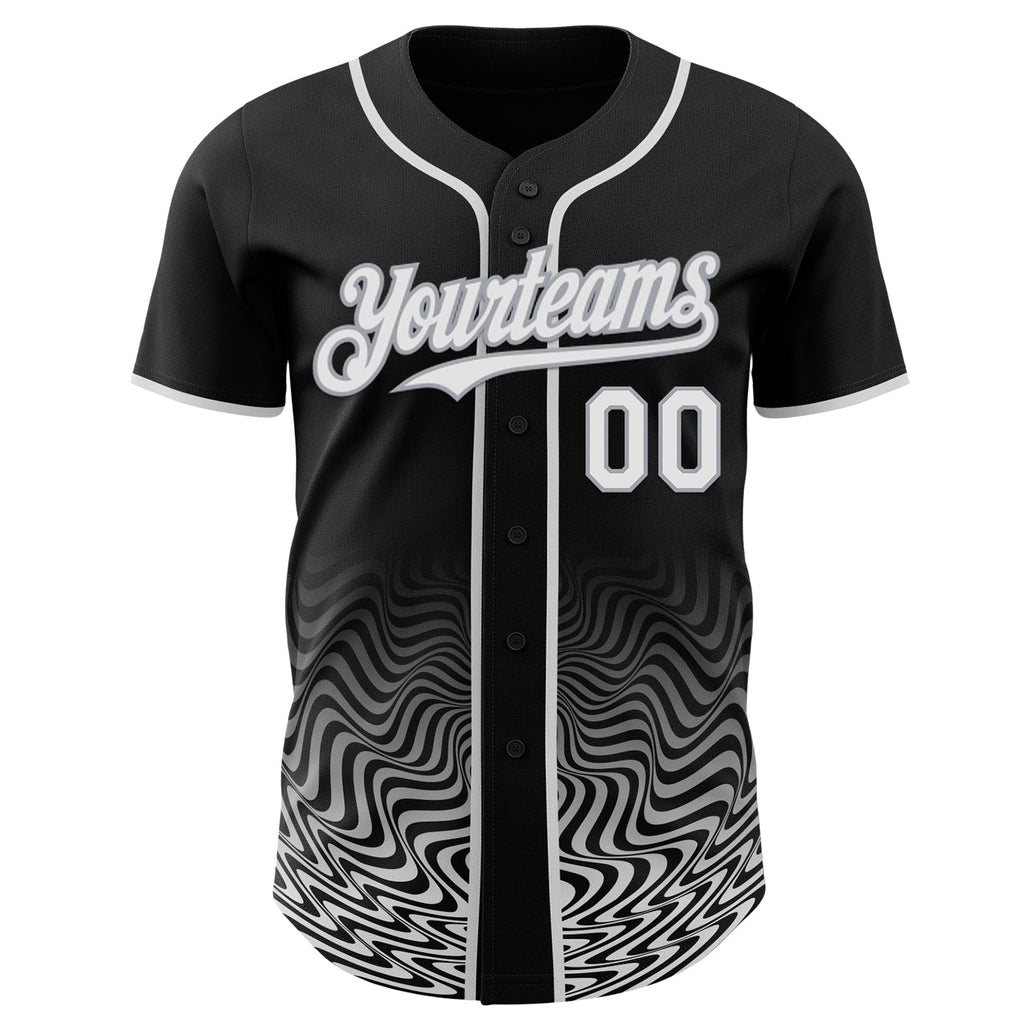 Custom Black White-Gray Fluid Wave Psychedelic Swirl Authentic Baseball Jersey
