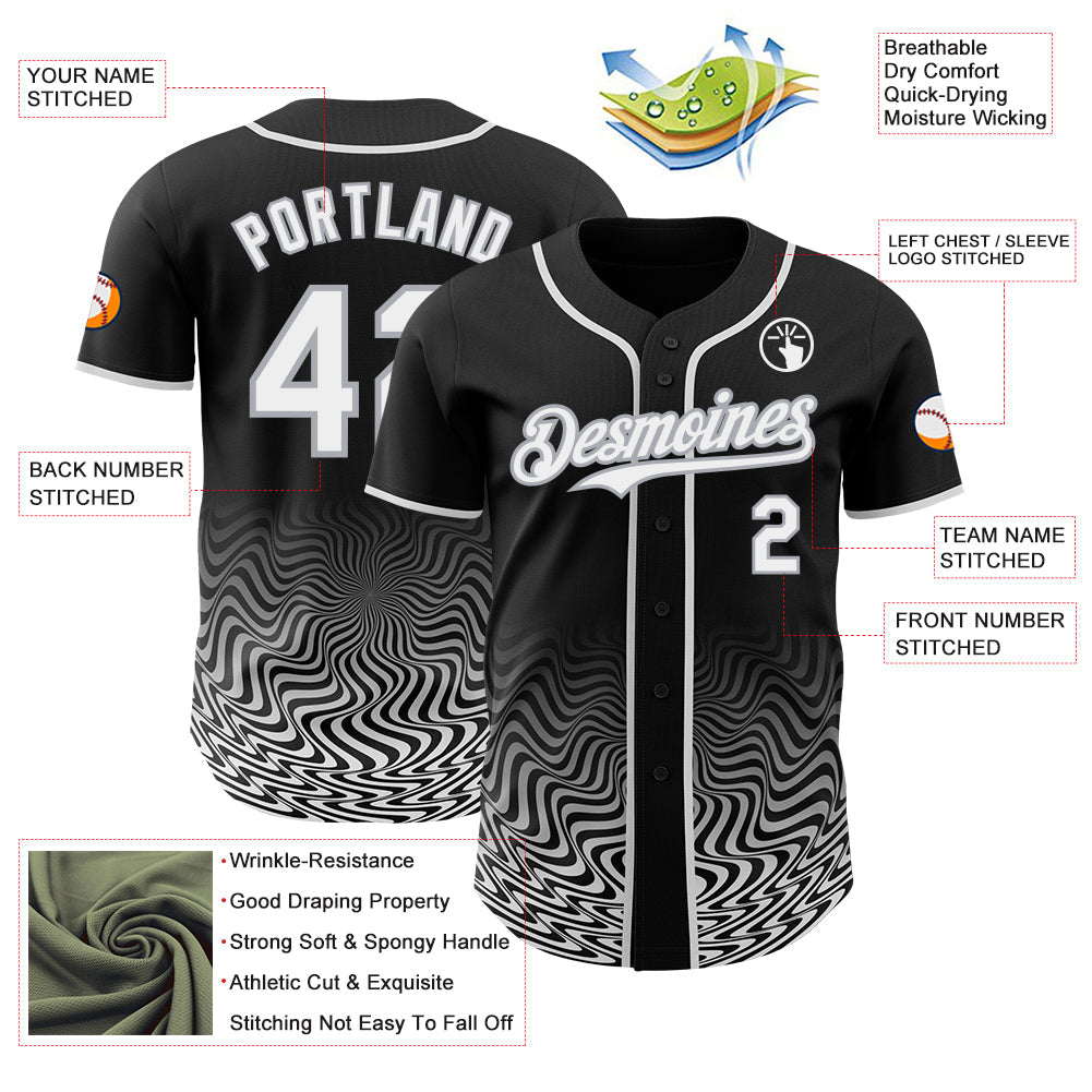 Custom Black White-Gray Fluid Wave Psychedelic Swirl Authentic Baseball Jersey