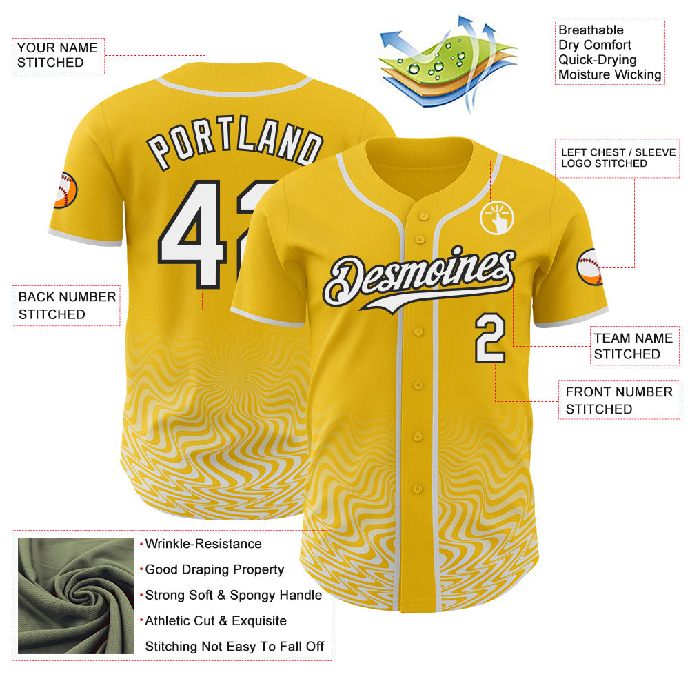 Custom Yellow White-Black Fluid Wave Psychedelic Swirl Authentic Baseball Jersey