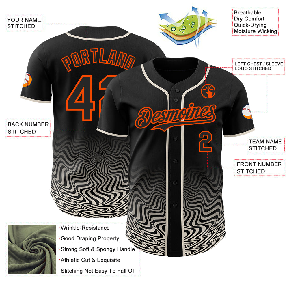 Custom Black Cream-Orange Fluid Wave Psychedelic Swirl Authentic Baseball Jersey
