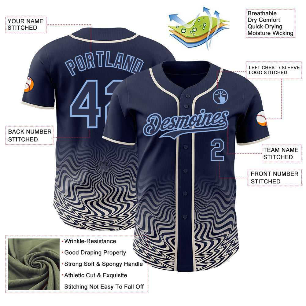 Custom Navy Cream-Light Blue Fluid Wave Psychedelic Swirl Authentic Baseball Jersey