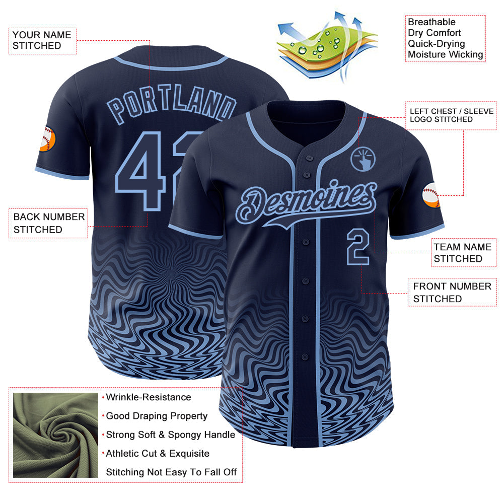 Custom Navy-Light Blue Fluid Wave Psychedelic Swirl Authentic Baseball Jersey