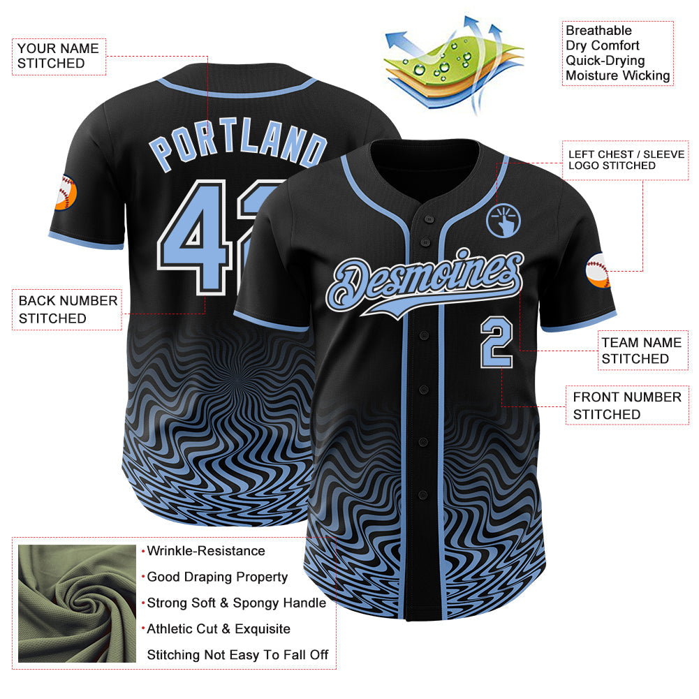 Custom Black Light Blue-White Fluid Wave Psychedelic Swirl Authentic Baseball Jersey
