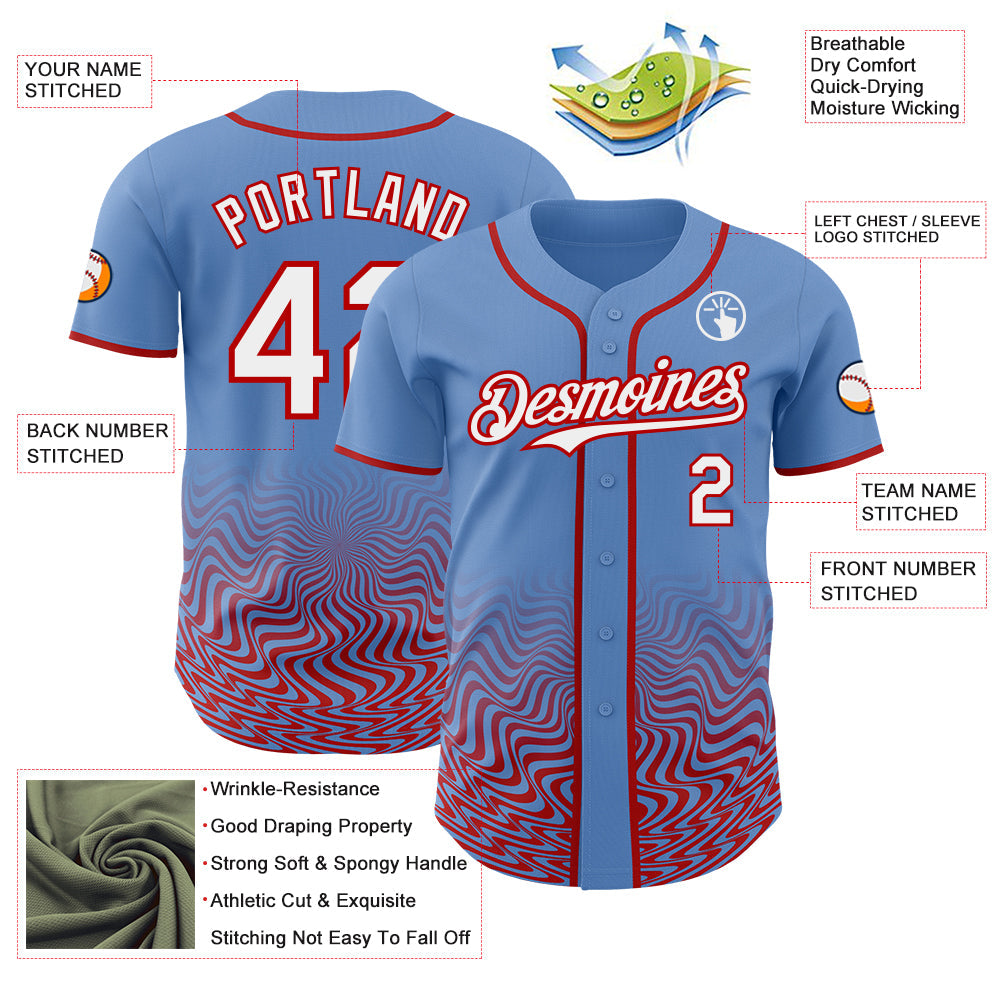 Custom Powder Blue White-Red Fluid Wave Psychedelic Swirl Authentic Baseball Jersey