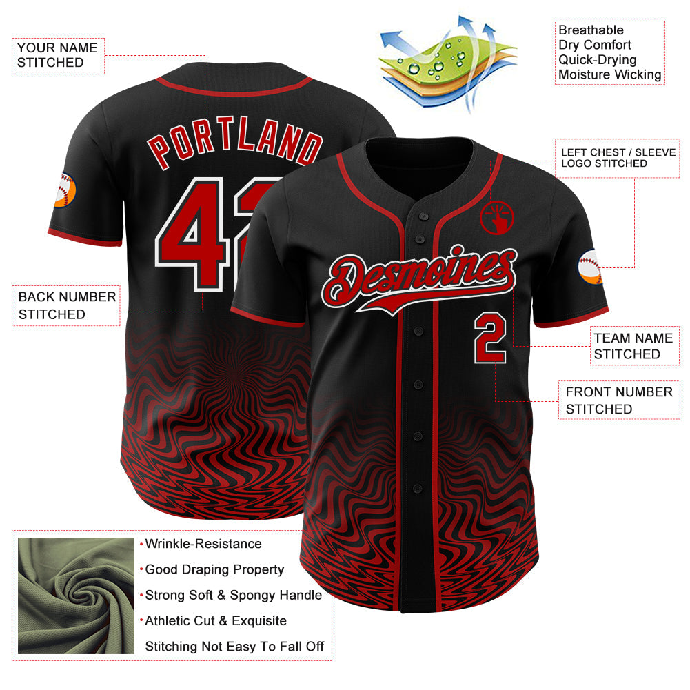 Custom Black Red-White Fluid Wave Psychedelic Swirl Authentic Baseball Jersey