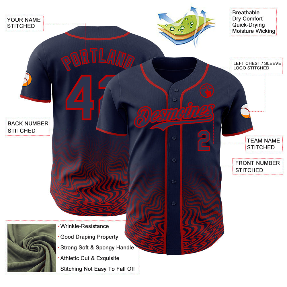 Custom Navy-Red Fluid Wave Psychedelic Swirl Authentic Baseball Jersey