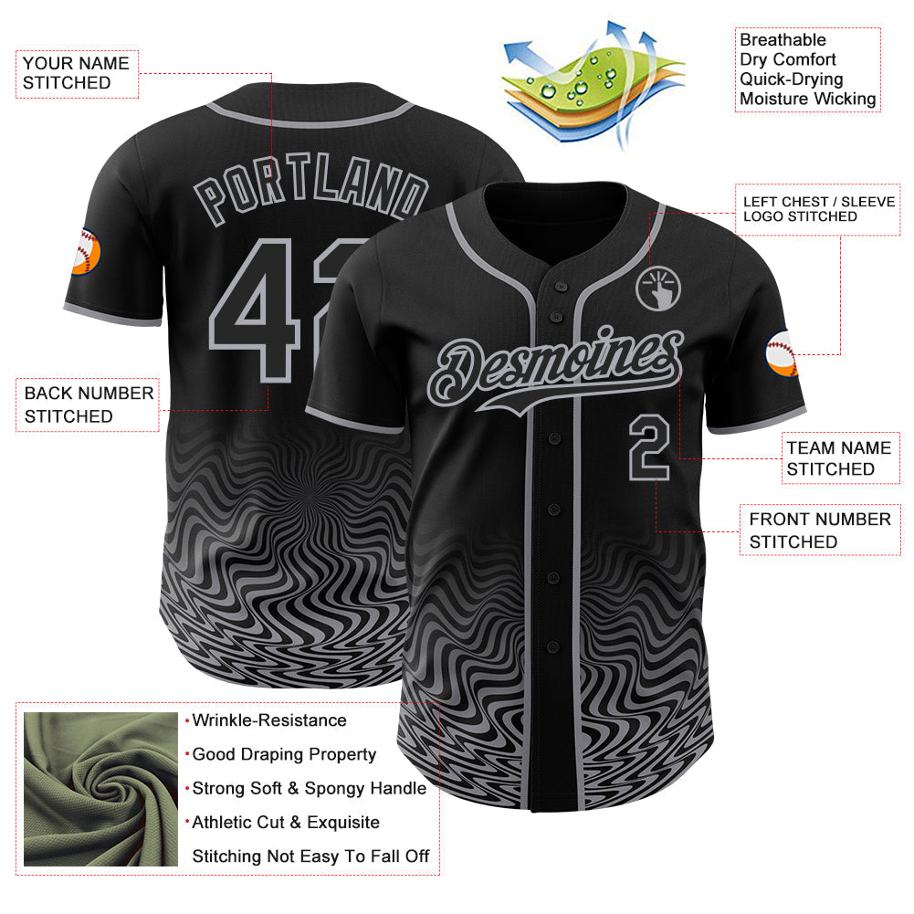 Custom Black-Gray Fluid Wave Psychedelic Swirl Authentic Baseball Jersey