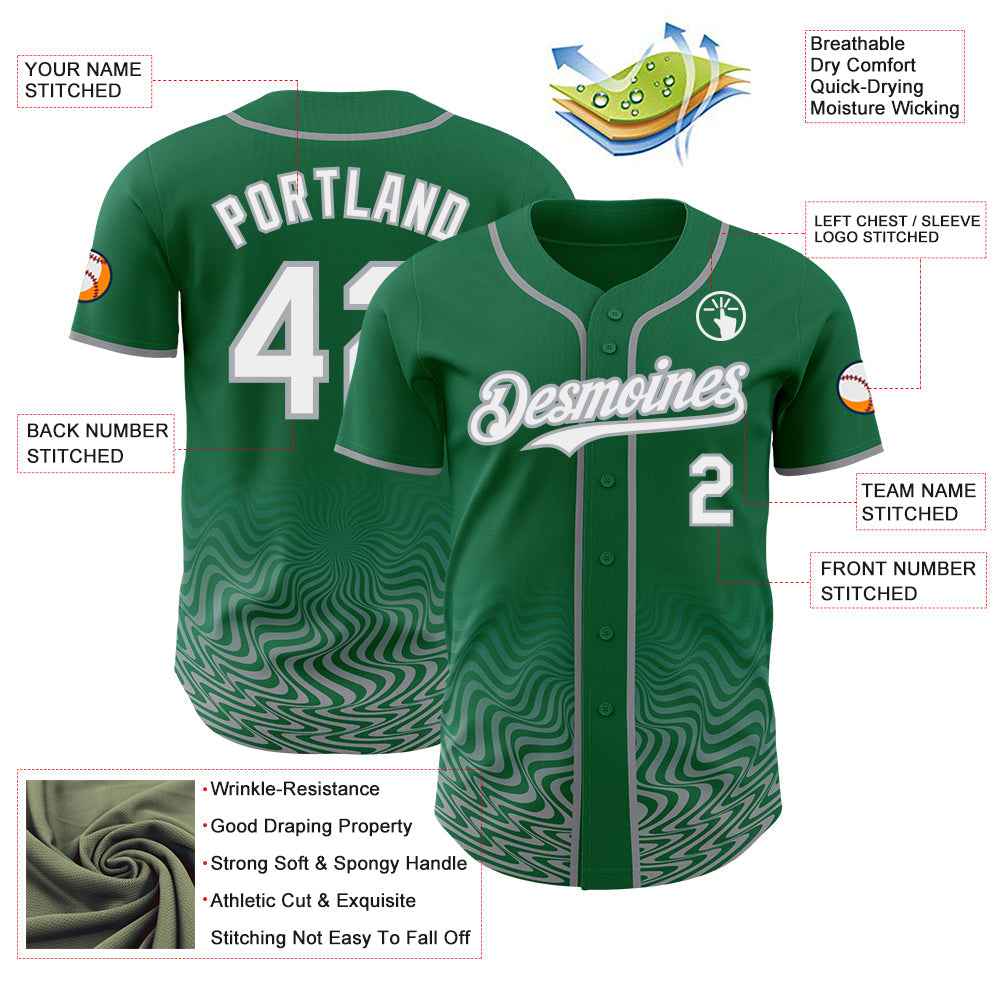 Custom Kelly Green White-Gray Fluid Wave Psychedelic Swirl Authentic Baseball Jersey