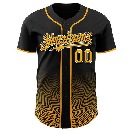 Custom Black Gold-White Fluid Wave Psychedelic Swirl Authentic Baseball Jersey