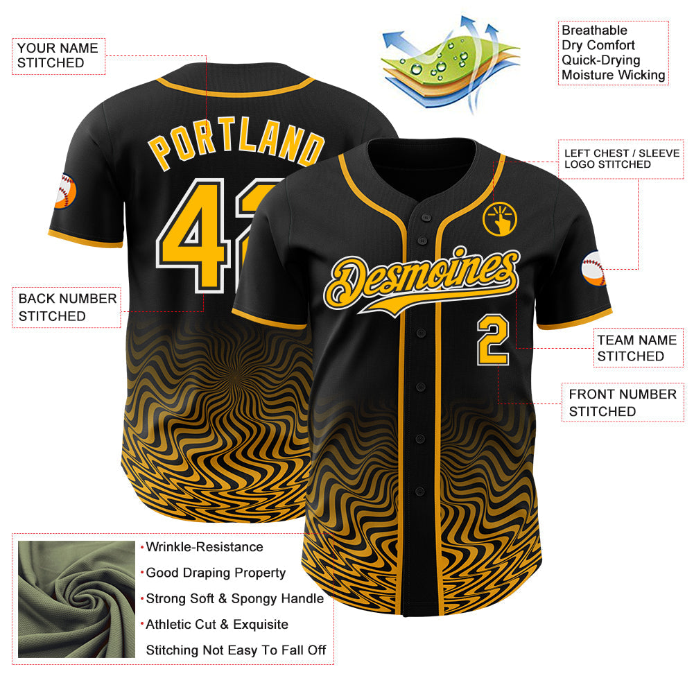 Custom Black Gold-White Fluid Wave Psychedelic Swirl Authentic Baseball Jersey