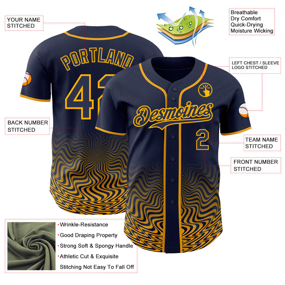 Custom Navy-Gold Fluid Wave Psychedelic Swirl Authentic Baseball Jersey