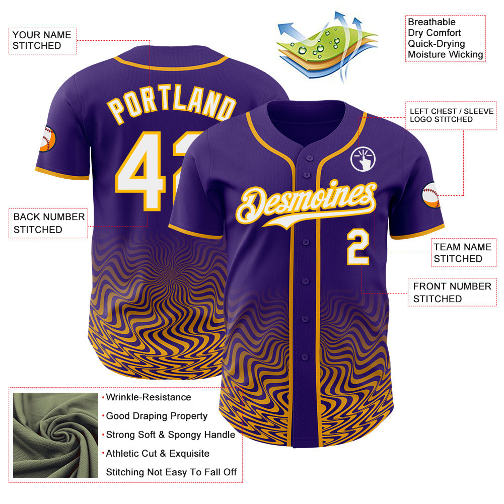 Custom Purple White-Gold Fluid Wave Psychedelic Swirl Authentic Baseball Jersey