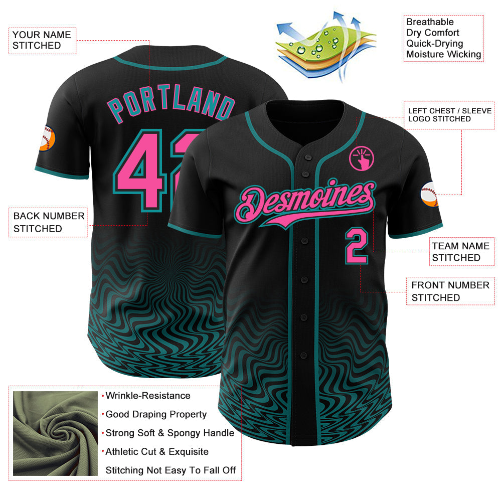 Custom Black Pink-Teal Fluid Wave Psychedelic Swirl Authentic Baseball Jersey