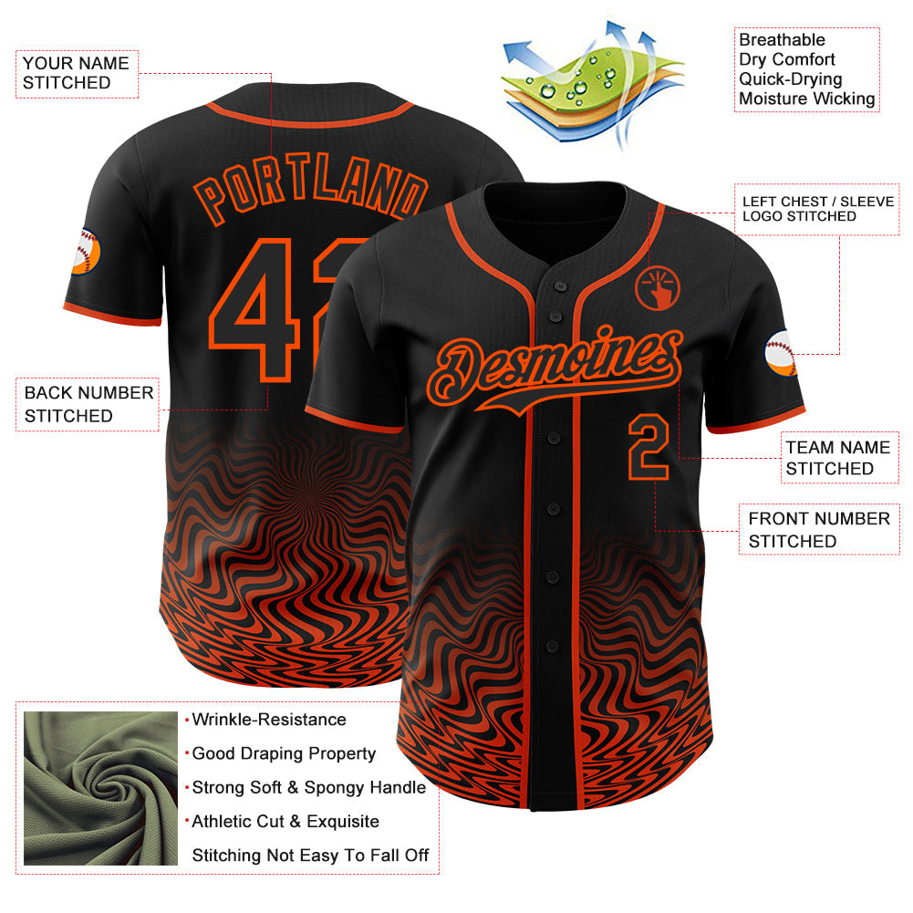 Custom Black-Orange Fluid Wave Psychedelic Swirl Authentic Baseball Jersey