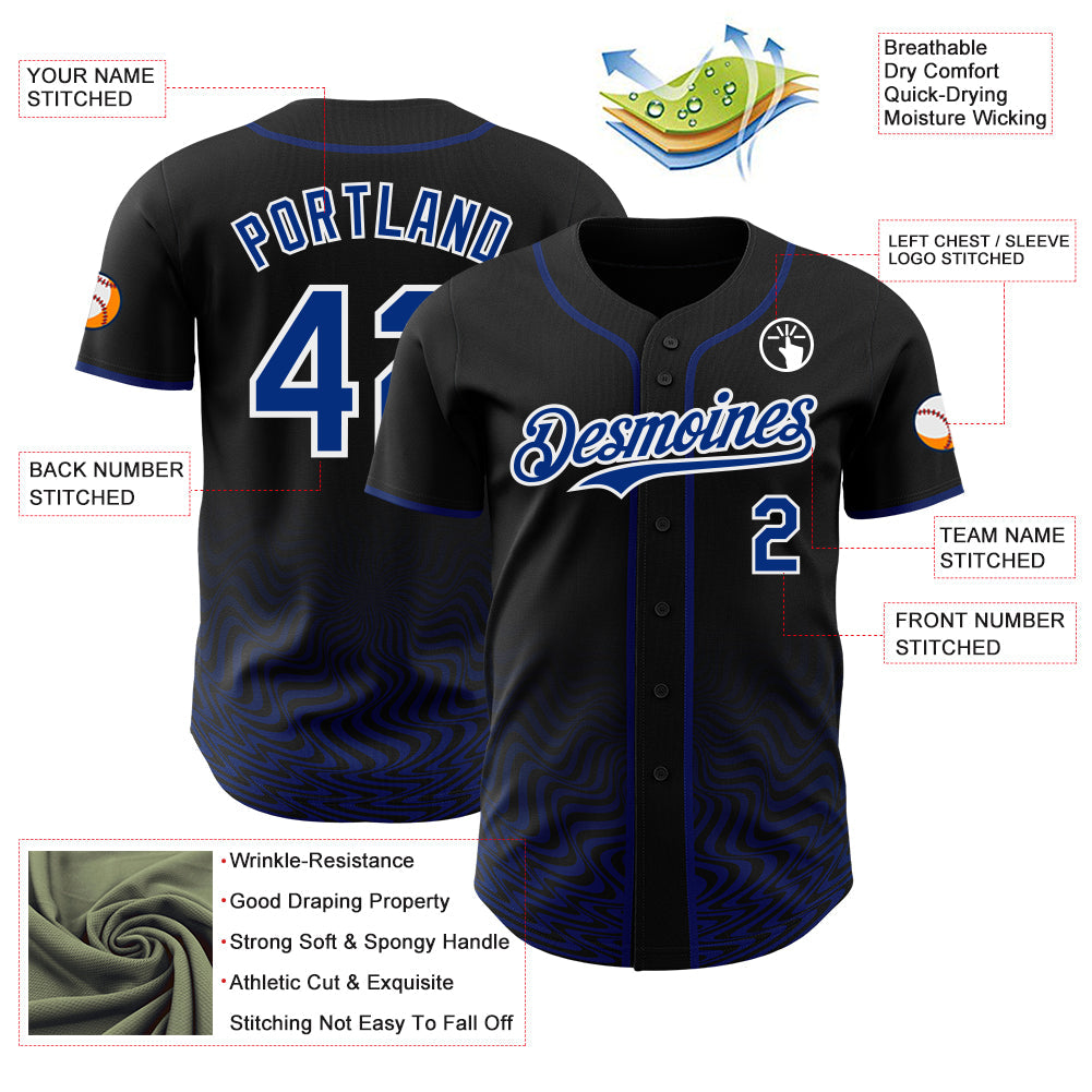 Custom Black Royal-White Fluid Wave Psychedelic Swirl Authentic Baseball Jersey