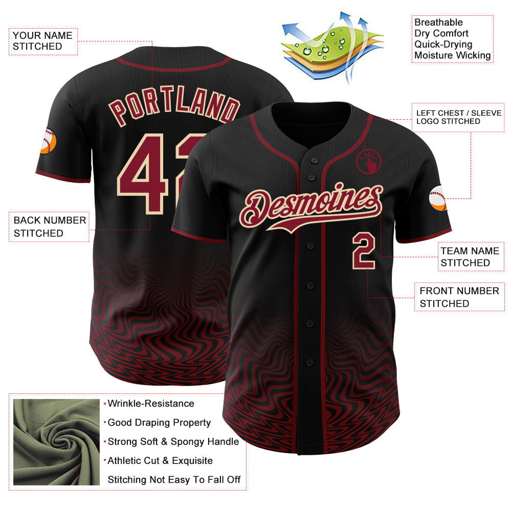 Custom Black Crimson-City Cream Fluid Wave Psychedelic Swirl Authentic Baseball Jersey