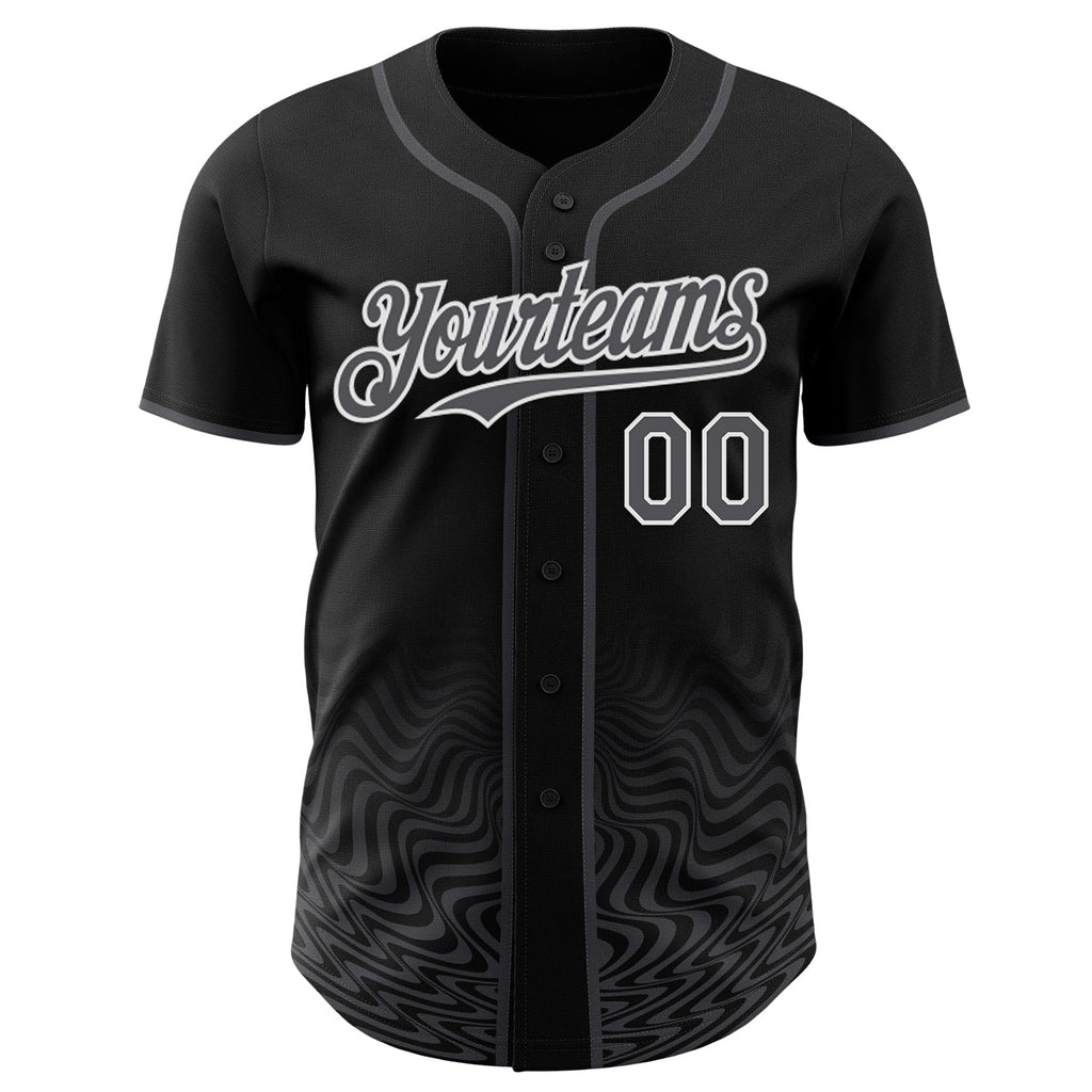 Custom Black Steel Gray-White Fluid Wave Psychedelic Swirl Authentic Baseball Jersey