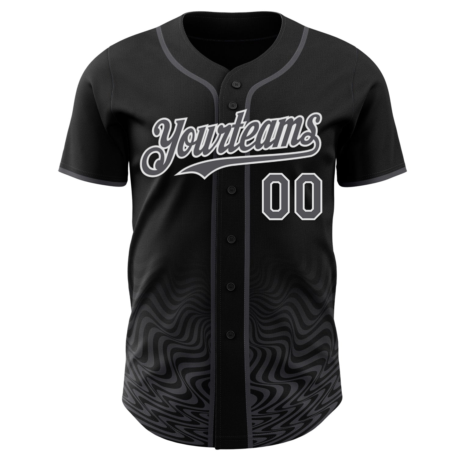 Custom Black Steel Gray-White Fluid Wave Psychedelic Swirl Authentic Baseball Jersey