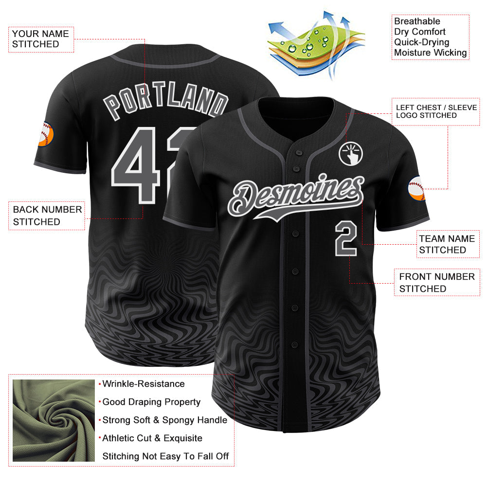 Custom Black Steel Gray-White Fluid Wave Psychedelic Swirl Authentic Baseball Jersey
