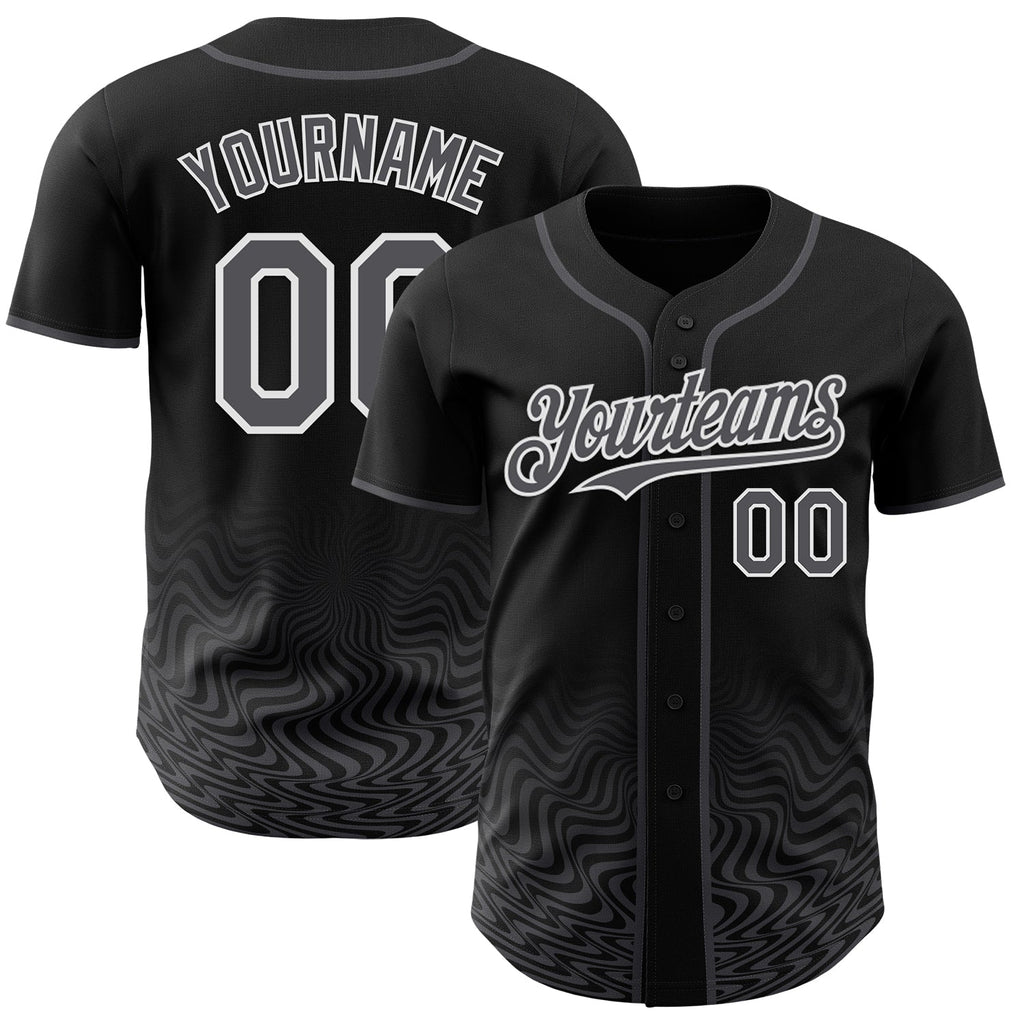 Custom Black Steel Gray-White Fluid Wave Psychedelic Swirl Authentic Baseball Jersey