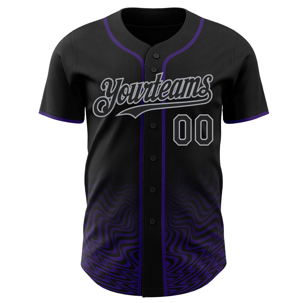Custom Black Purple-Gray Fluid Wave Psychedelic Swirl Authentic Baseball Jersey
