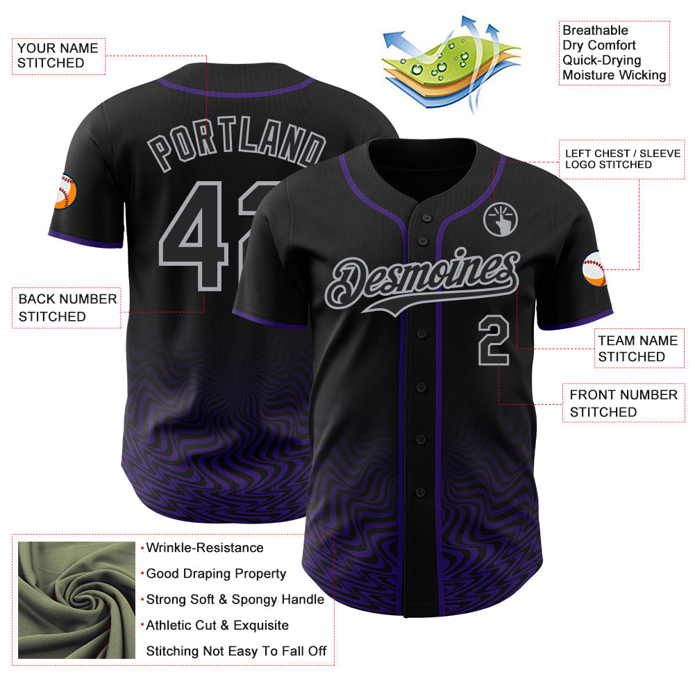 Custom Black Purple-Gray Fluid Wave Psychedelic Swirl Authentic Baseball Jersey